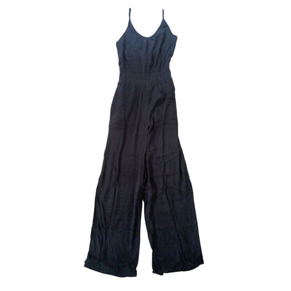 prAna Fernie Jumpsuit Womens Medium Black Smocked Waist Crinkle Relaxed Wide Leg - Picture 2 of 10